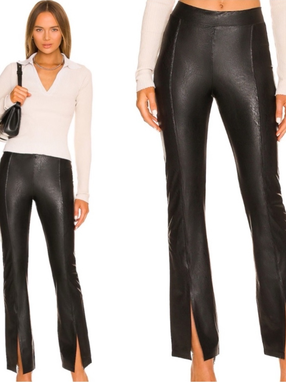 Commando Black Faux Leather Boot-Cut Pants with Front Slit Size Medium